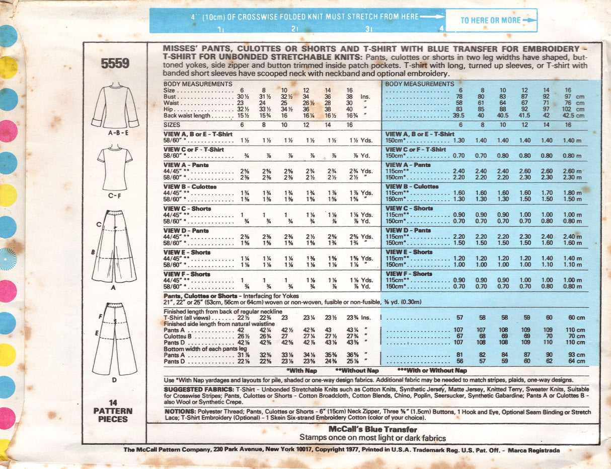 1970's McCall's High Waisted Culottes, Pants, or Shorts and T-shirt Pattern - Bust 30.5-38" - No. 5559