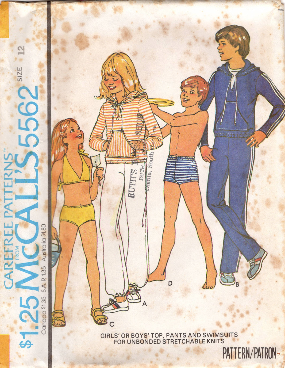 1970's McCall's Child's Two Piece Swimsuit or Pullover top and Pants pattern - Chest 26-32" - No. 5562