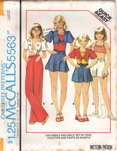 1970's McCall's Child's Summer Blouse with Front Ties and Culottes, Pants or Shorts - Chest 25-32" - No. 5563