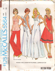 1970's McCall's Deep V One Piece Dress with Empire Waist in Three Lengths - Bust 32-36" - No. 5564