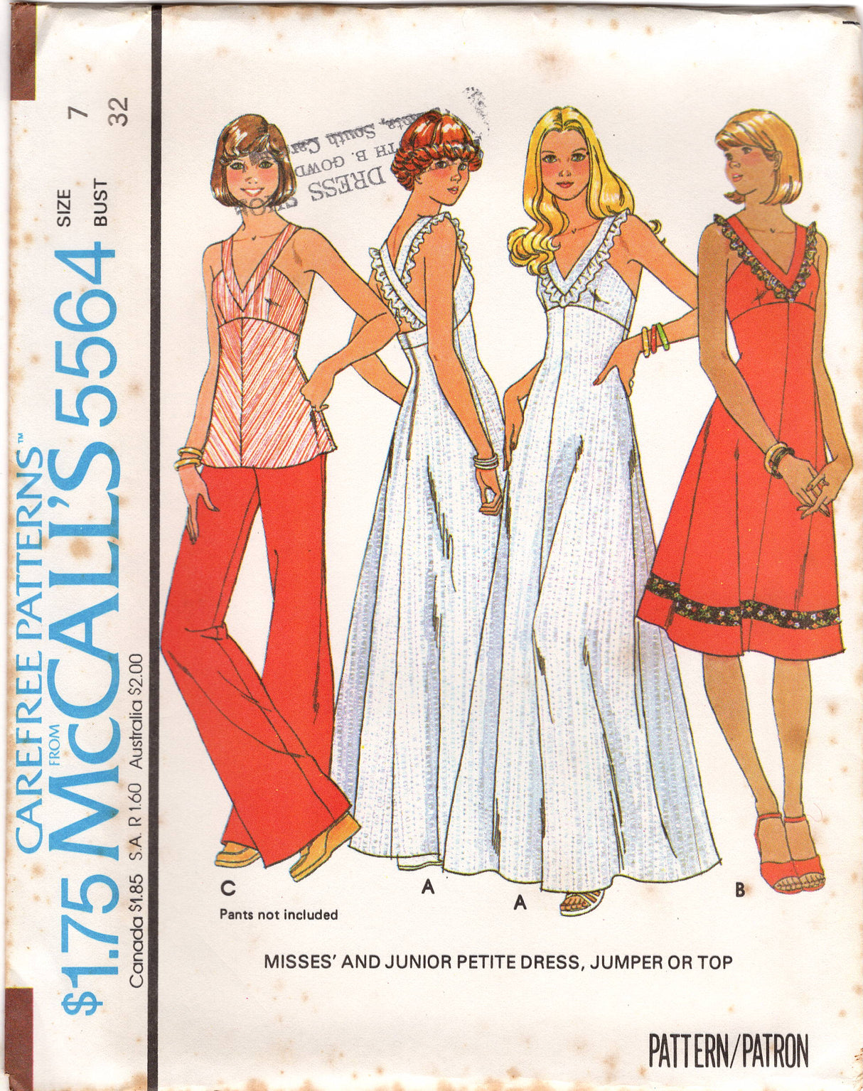 1970's McCall's Deep V One Piece Dress with Empire Waist in Three Lengths - Bust 32-36" - No. 5564