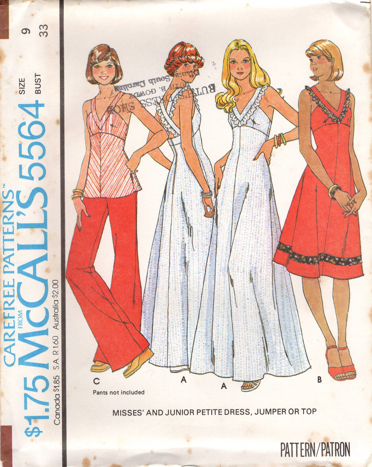 1970's McCall's Deep V One Piece Dress with Empire Waist in Three Lengths - Bust 32-36" - No. 5564