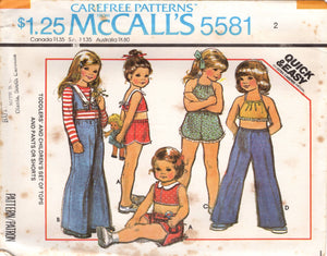 1970's McCall's Child's Summer tops, shorts and pants pattern - Chest 21-25" - No. 5581
