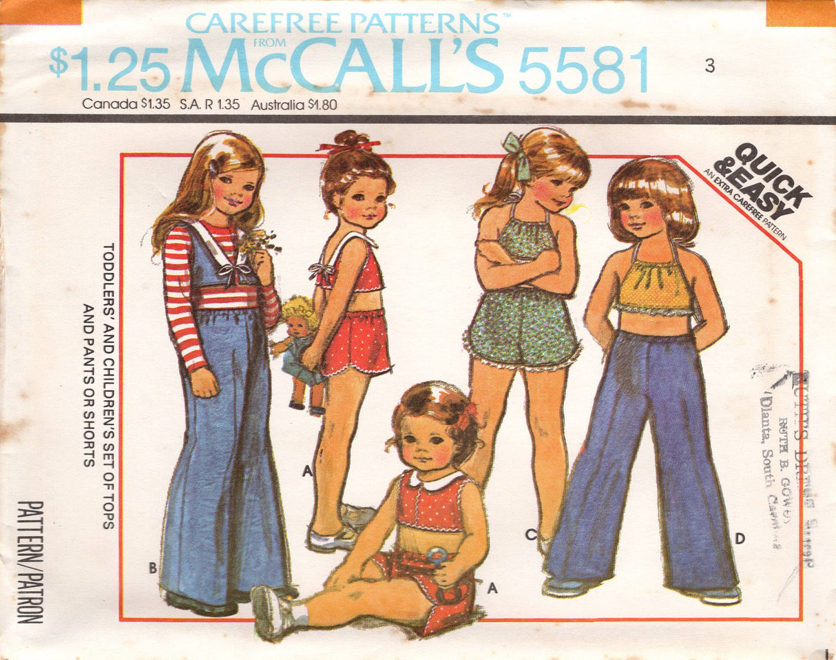 1970's McCall's Child's Summer tops, shorts and pants pattern - Chest 21-25" - No. 5581