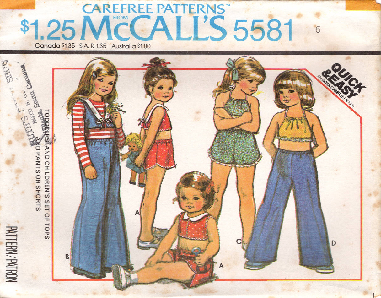 1970's McCall's Child's Summer tops, shorts and pants pattern - Chest 21-25" - No. 5581