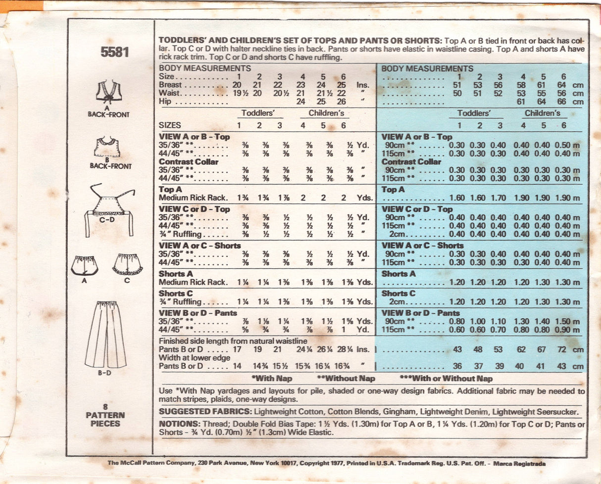 1970's McCall's Child's Summer tops, shorts and pants pattern - Chest 21-25" - No. 5581