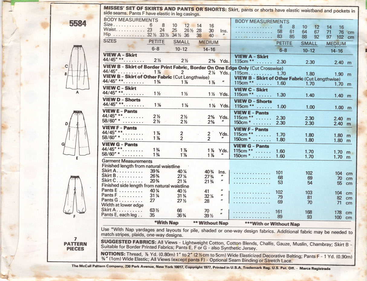 1970's McCall's High Waisted Loose Fit Pants, Shorts or Skirt Pattern - Waist 23-30" - No. 5584