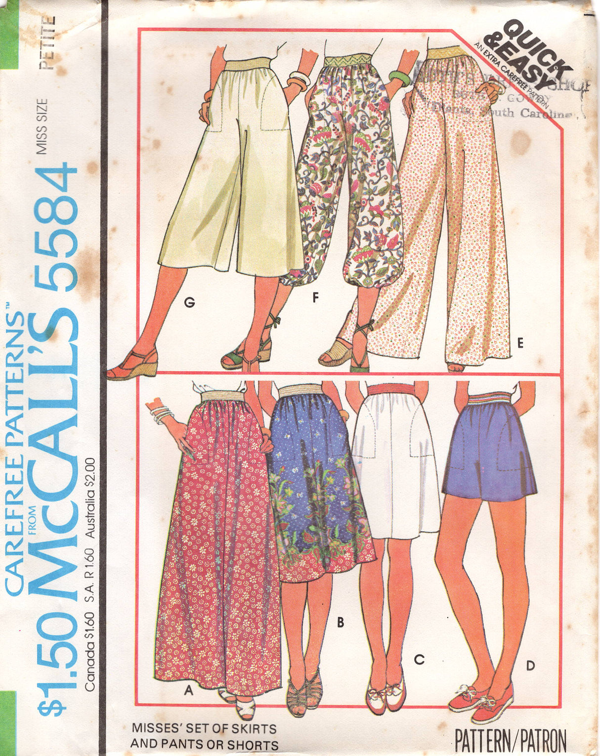 1970's McCall's High Waisted Loose Fit Pants, Shorts or Skirt Pattern - Waist 23-30" - No. 5584