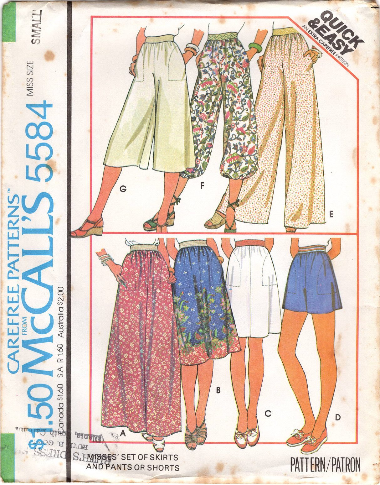 1970's McCall's High Waisted Loose Fit Pants, Shorts or Skirt Pattern - Waist 23-30" - No. 5584