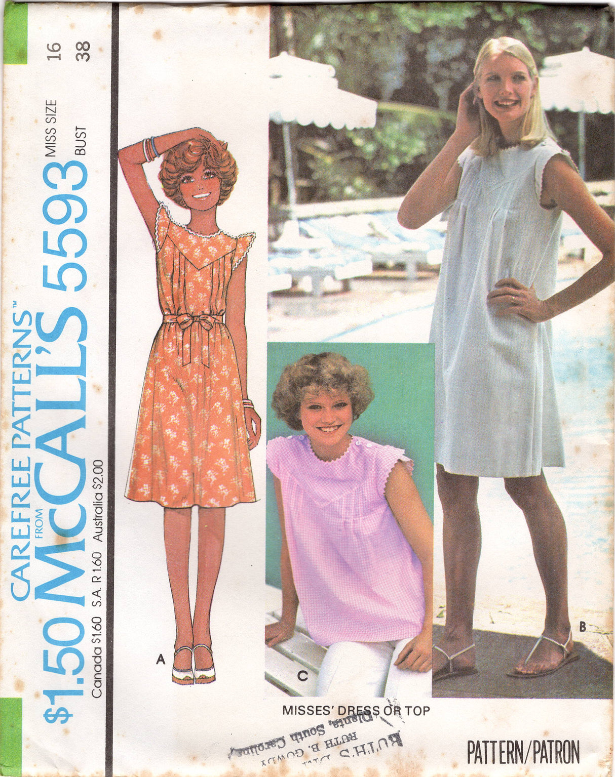 1970's McCall's Yoked Dress with Pin tucks and Cap Sleeve - Bust 31.5-38" - No. 5593