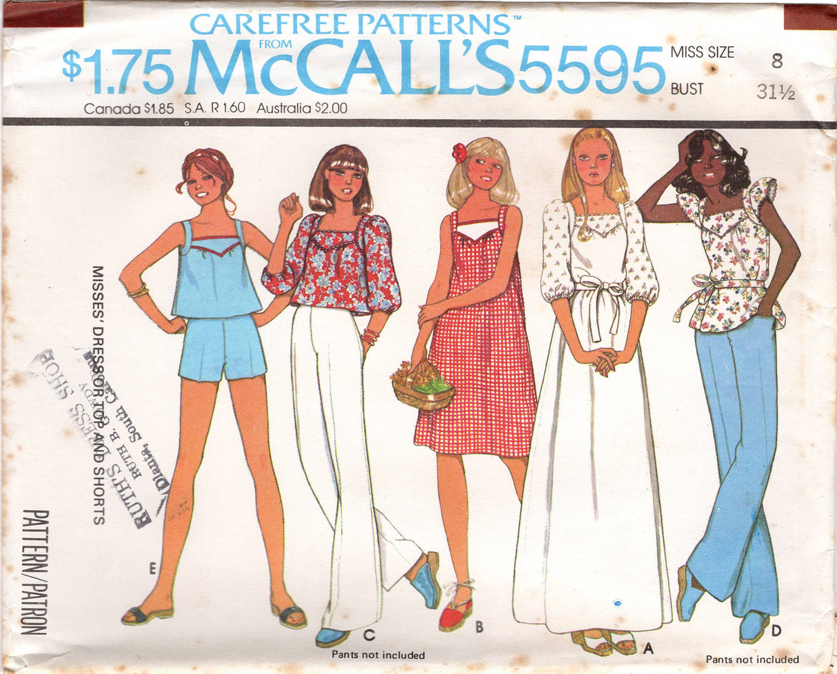 1970's McCall's Yoked Peasant Blouse with Large Sleeves or Ruffle and Square Neckline and Shorts pattern - Bust 31.5-38" - No. 5595