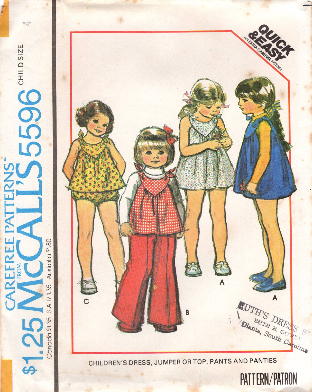 1970's McCall's Child's Pullover Yoked Top with Tie Shoulders and Bloomers or Pants Pattern- Chest 22-25" - No. 5596