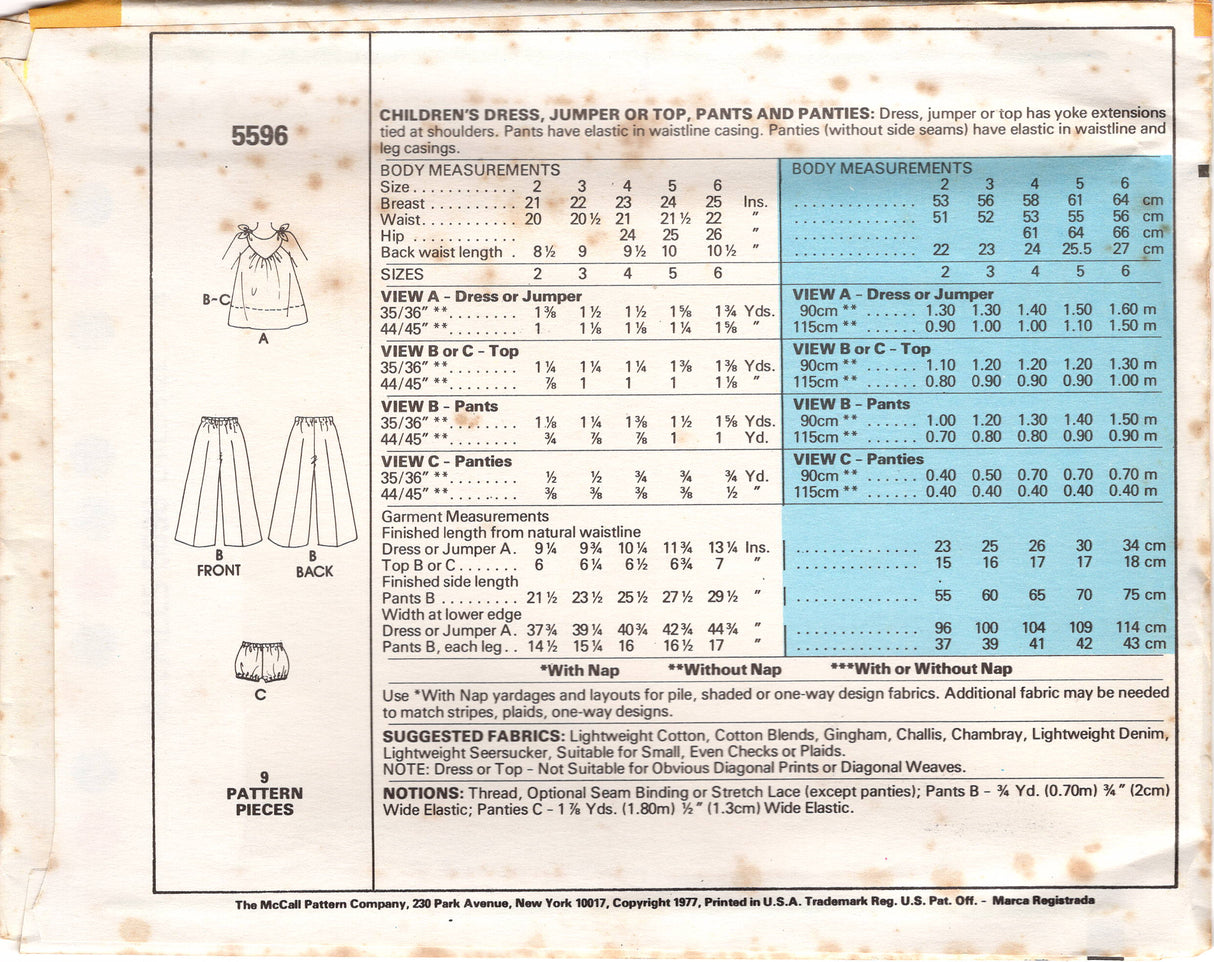 1970's McCall's Child's Pullover Yoked Top with Tie Shoulders and Bloomers or Pants Pattern- Chest 22-25" - No. 5596