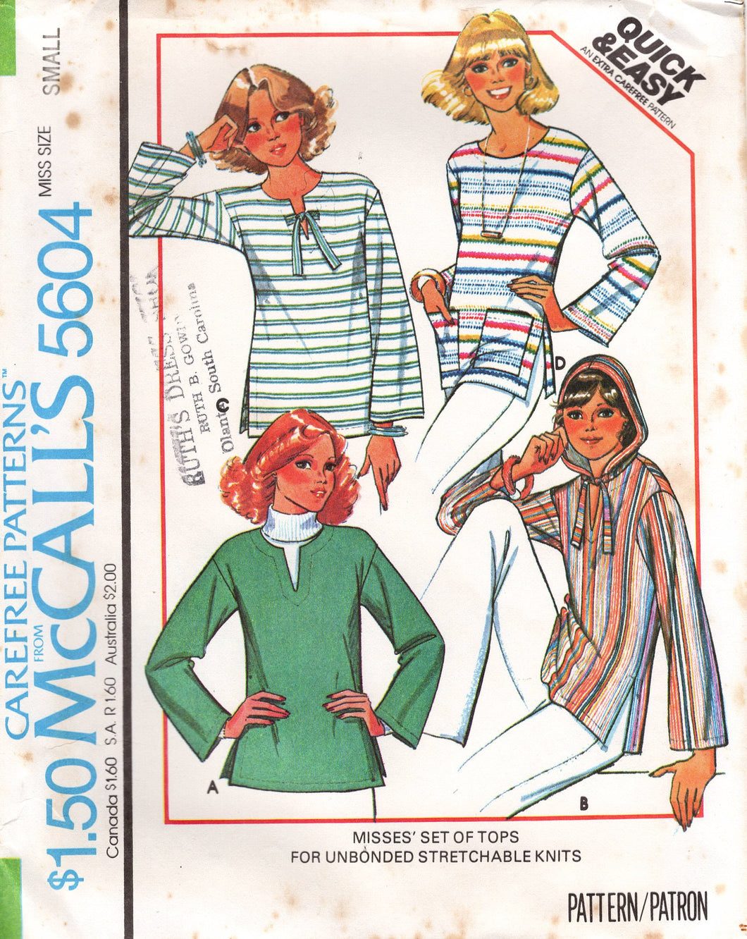 1970's McCall's Pullover Top with or without Hood and pockets pattern - Bust 30.5-31.5