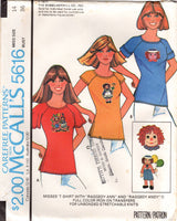 1970's McCall's T-Shirt with Raglan Sleeves pattern and Raggedy Ann and Andy Transfers- Bust 30.5-38" - No. 5616