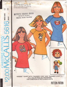 1970's McCall's T-Shirt with Raglan Sleeves pattern and Raggedy Ann and Andy Transfers- Bust 30.5-38" - No. 5616