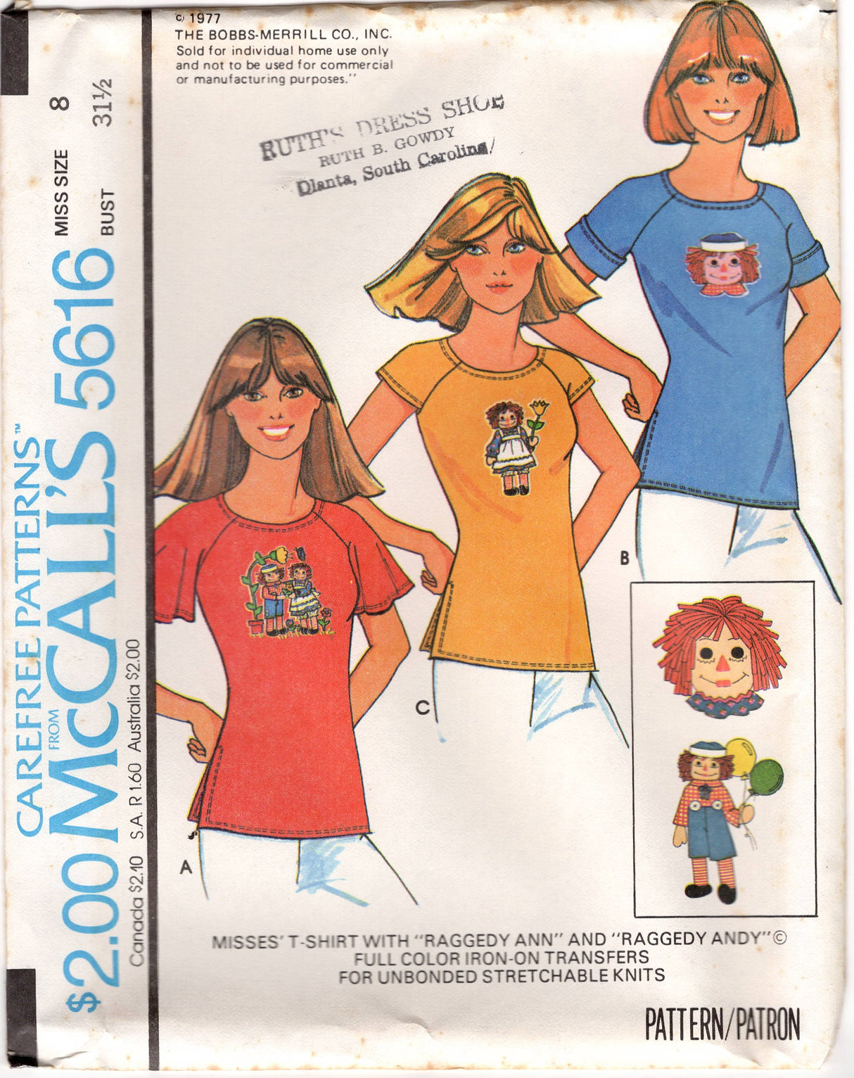 1970's McCall's T-Shirt with Raglan Sleeves pattern and Raggedy Ann and Andy Transfers- Bust 30.5-38" - No. 5616