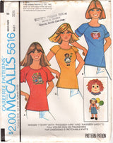 1970's McCall's T-Shirt with Raglan Sleeves pattern and Raggedy Ann and Andy Transfers- Bust 30.5-38" - No. 5616