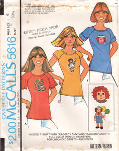 1970's McCall's T-Shirt with Raglan Sleeves pattern and Raggedy Ann and Andy Transfers- Bust 30.5-38" - No. 5616