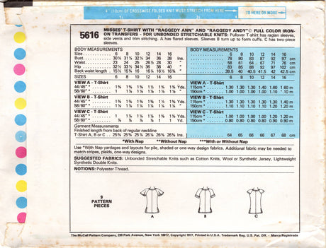 1970's McCall's T-Shirt with Raglan Sleeves pattern and Raggedy Ann and Andy Transfers- Bust 30.5-38" - No. 5616