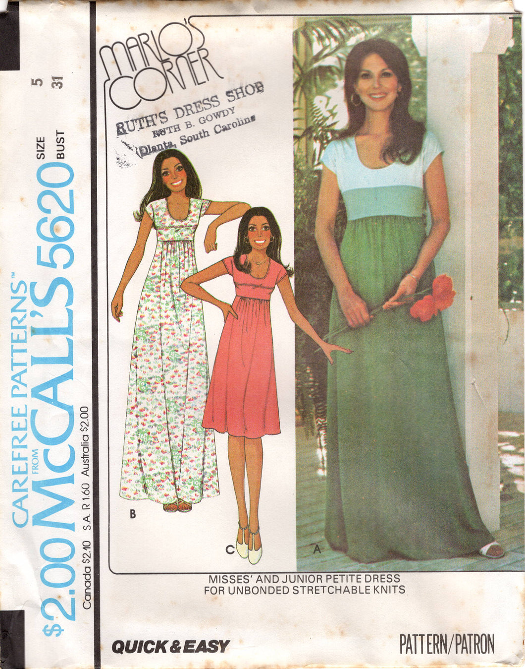 1970's McCall's Color Block Midi or Maxi Dress with Scoop Neckline - Marlo's Corner - Bust 31-36