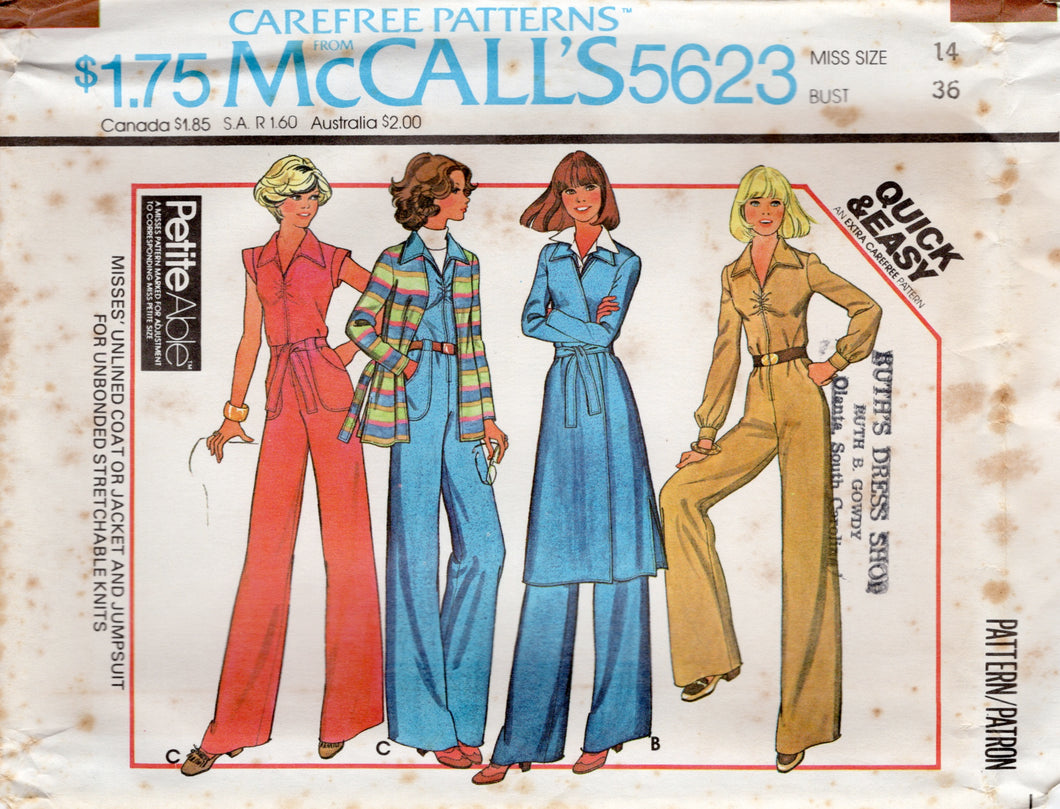 1970's McCall's Full length Jumpsuit with Pockets and Unlined Jacket - Bust 36-38