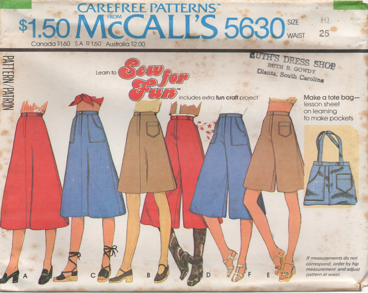 1970's McCall's Back Yoke Flared Skirt and Culottes and Tote Bag Pattern - Waist 23-26.5" - No. 5630