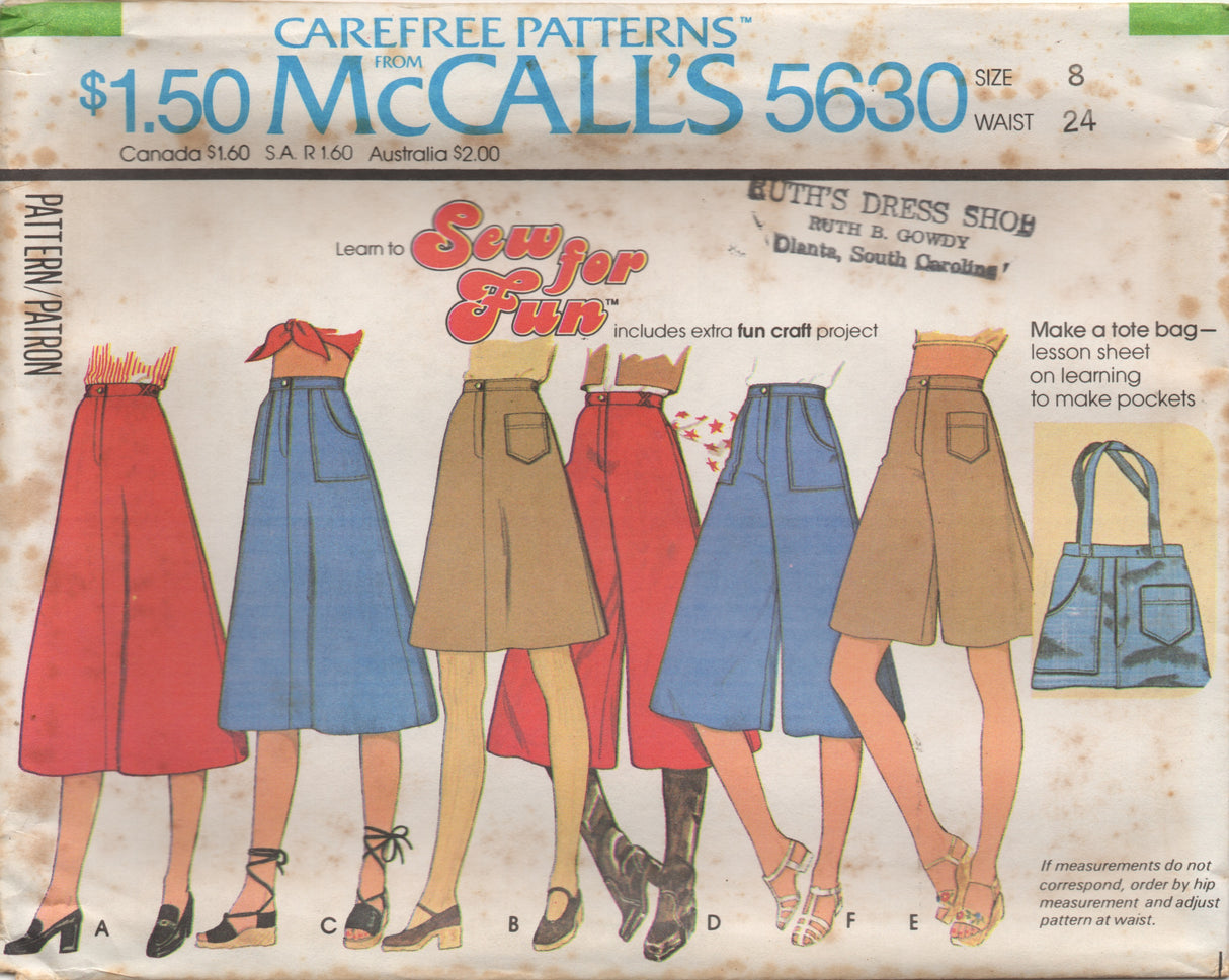 1970's McCall's Back Yoke Flared Skirt and Culottes and Tote Bag Pattern - Waist 23-26.5" - No. 5630