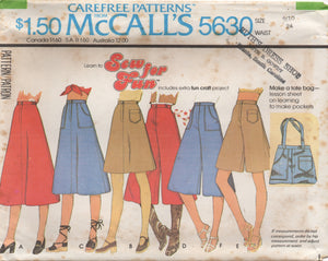 1970's McCall's Back Yoke Flared Skirt and Culottes and Tote Bag Pattern - Waist 23-26.5" - No. 5630