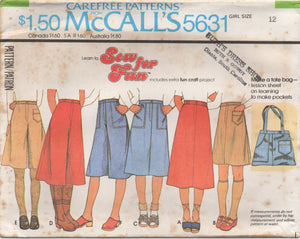 1970's McCall's Child's Back Yoke Flared Skirt and Culottes and Tote Bag Pattern - Waist 23-26.5" - No. 5631