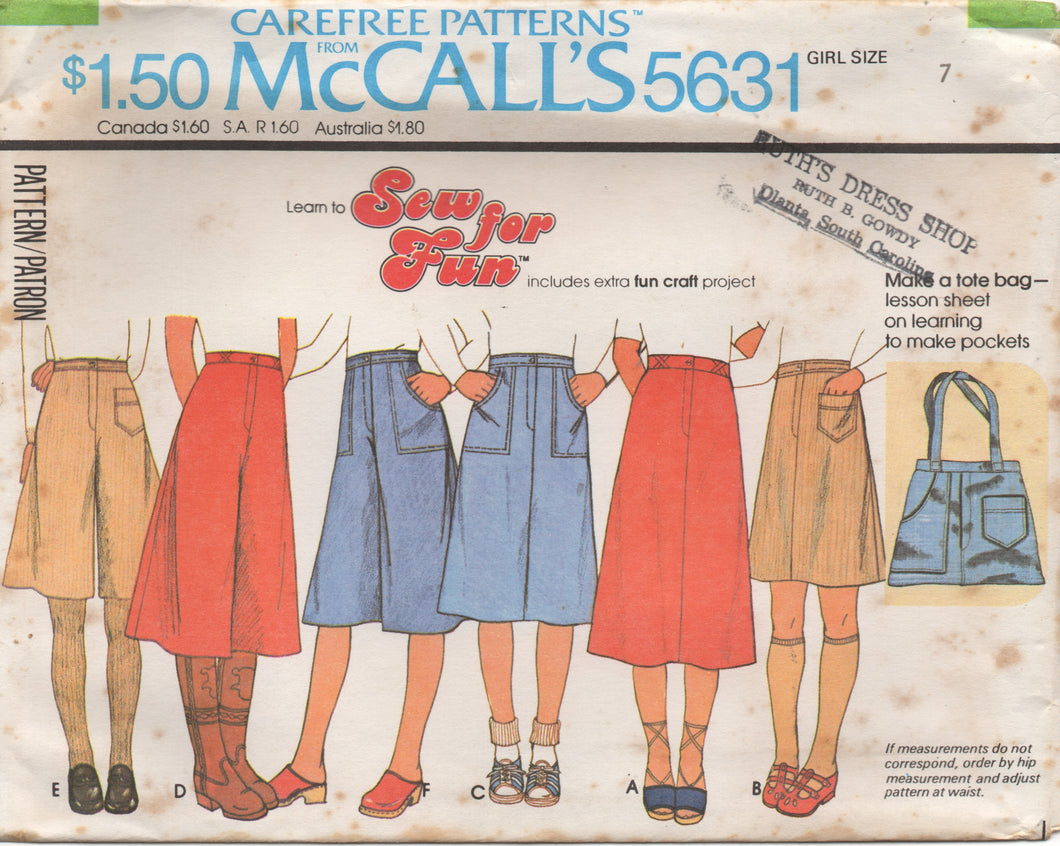 1970's McCall's Child's Back Yoke Flared Skirt and Culottes and Tote Bag Pattern - Waist 23-26.5