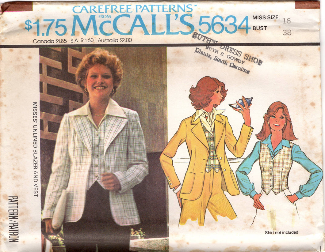 1970's McCall's Button Up Vest and Unlined Blazer pattern - Bust 38