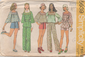 1970's Simplicity Pullover Peasant and Square neckline Tops, High Waisted Shorts and Pants Pattern - Bust 34" - No. 5639
