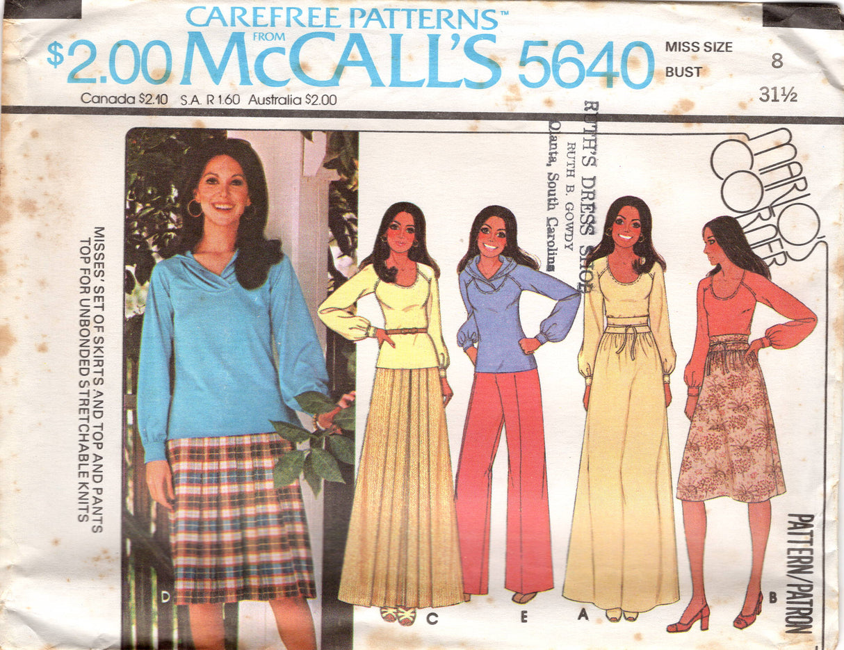 1970's McCall's Marlo's Corner Scoop Neck Blouse, Maxi Skirt and High Waisted Pants Pattern - Bust 31.5-38" - no. 5640