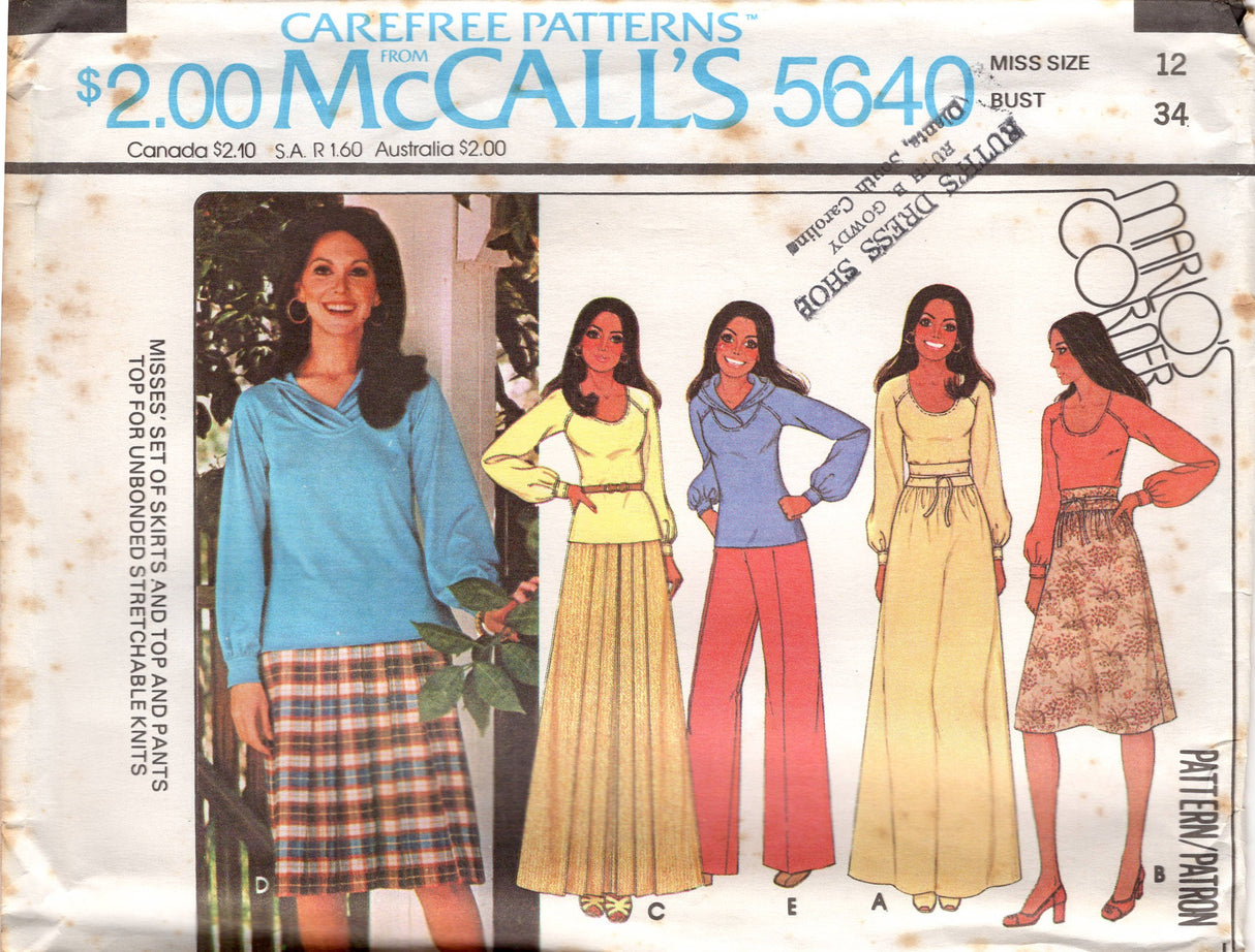 1970's McCall's Marlo's Corner Scoop Neck Blouse, Maxi Skirt and High Waisted Pants Pattern - Bust 31.5-38" - no. 5640