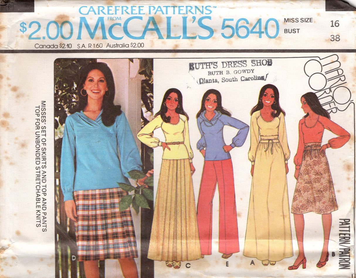 1970's McCall's Marlo's Corner Scoop Neck Blouse, Maxi Skirt and High Waisted Pants Pattern - Bust 31.5-38" - no. 5640