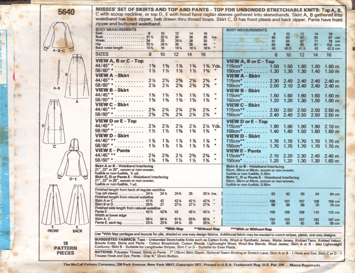 1970's McCall's Marlo's Corner Scoop Neck Blouse, Maxi Skirt and High Waisted Pants Pattern - Bust 31.5-38" - no. 5640