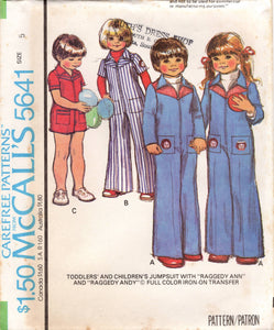 1970's McCall's Child's Romper or Full length Jumpsuit Pattern with Raggedy Ann and Andy Transfers - Chest 20-25" - No. 5641