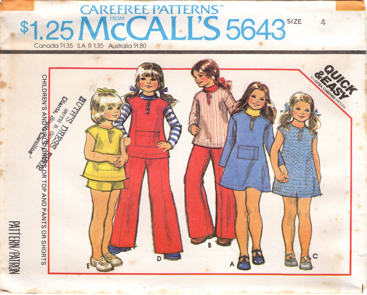 1970's McCall's Child's Dress, Top, Pants or Shorts Pattern - Chest 23-27" - No. 5643