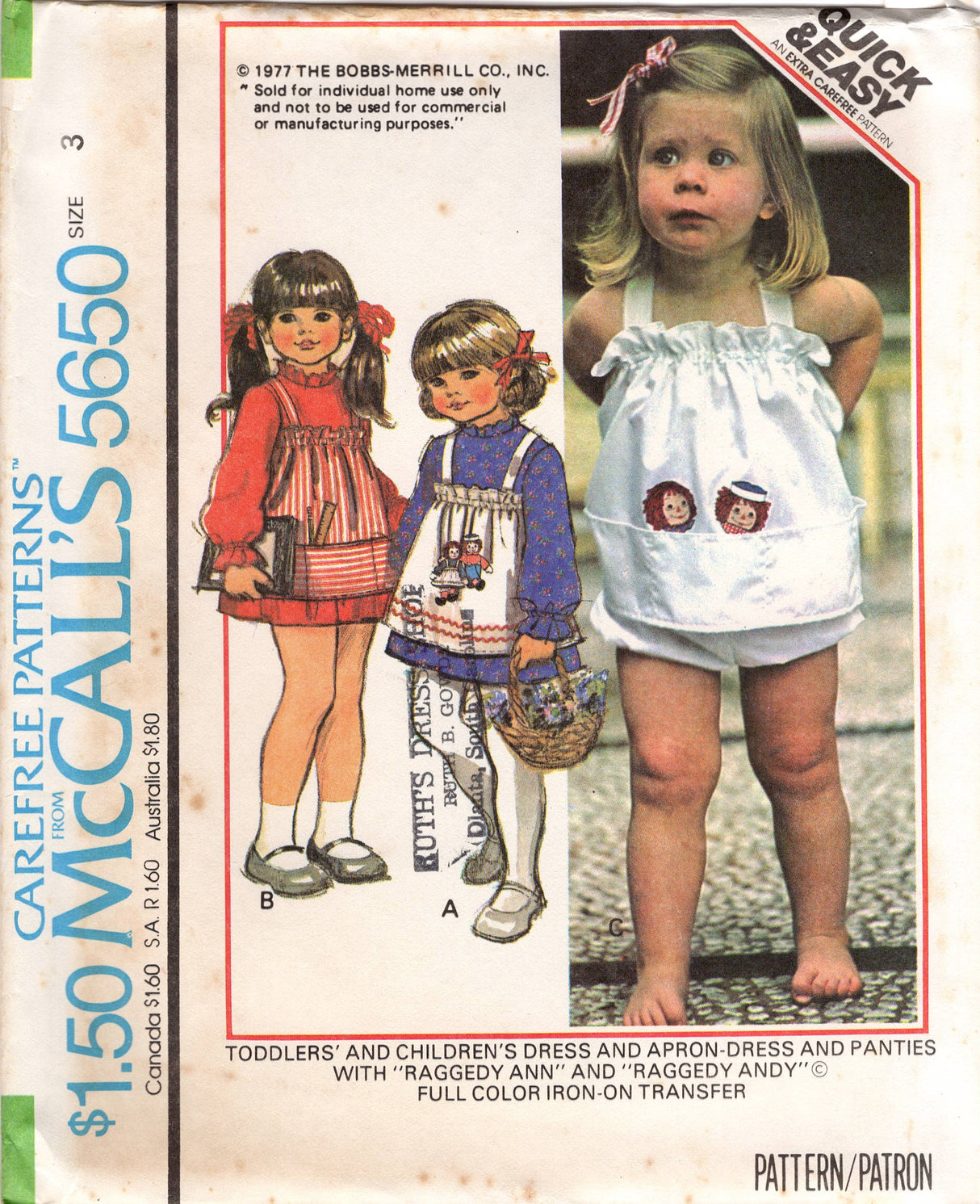 1970's McCall's Child's Long Sleeve Dress, Apron-Dress and Bloomers Pattern and Raggedy Ann and Andy Transfers- Waist 22-25" - No. 5650