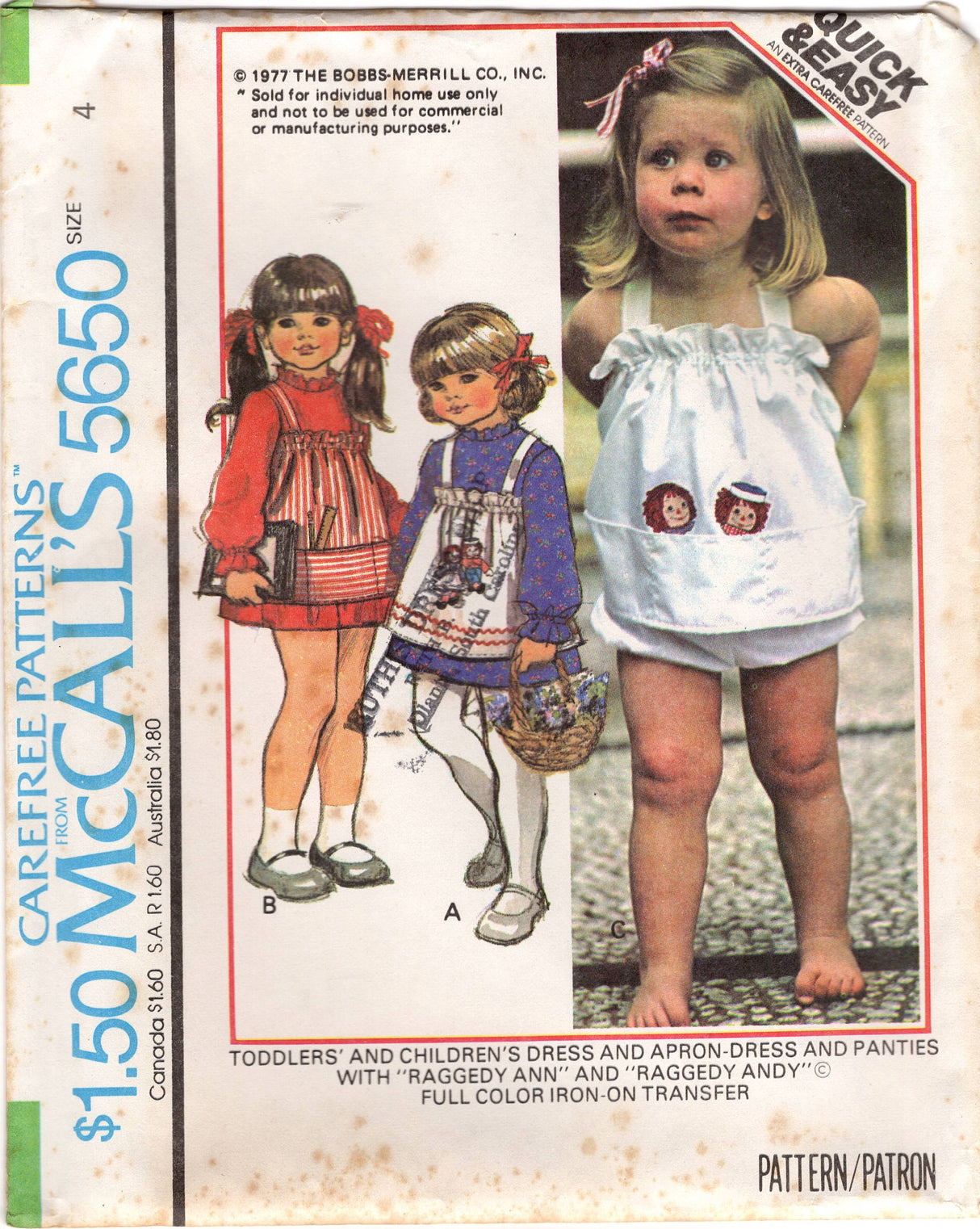 1970's McCall's Child's Long Sleeve Dress, Apron-Dress and Bloomers Pattern and Raggedy Ann and Andy Transfers- Waist 22-25" - No. 5650