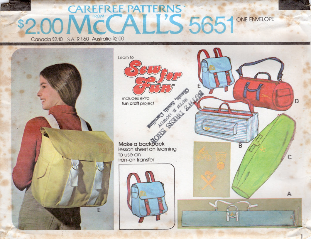 1970's McCall's Backpack, Ski Bag, Duffle Bag and Tote bag - OS - No. 5651