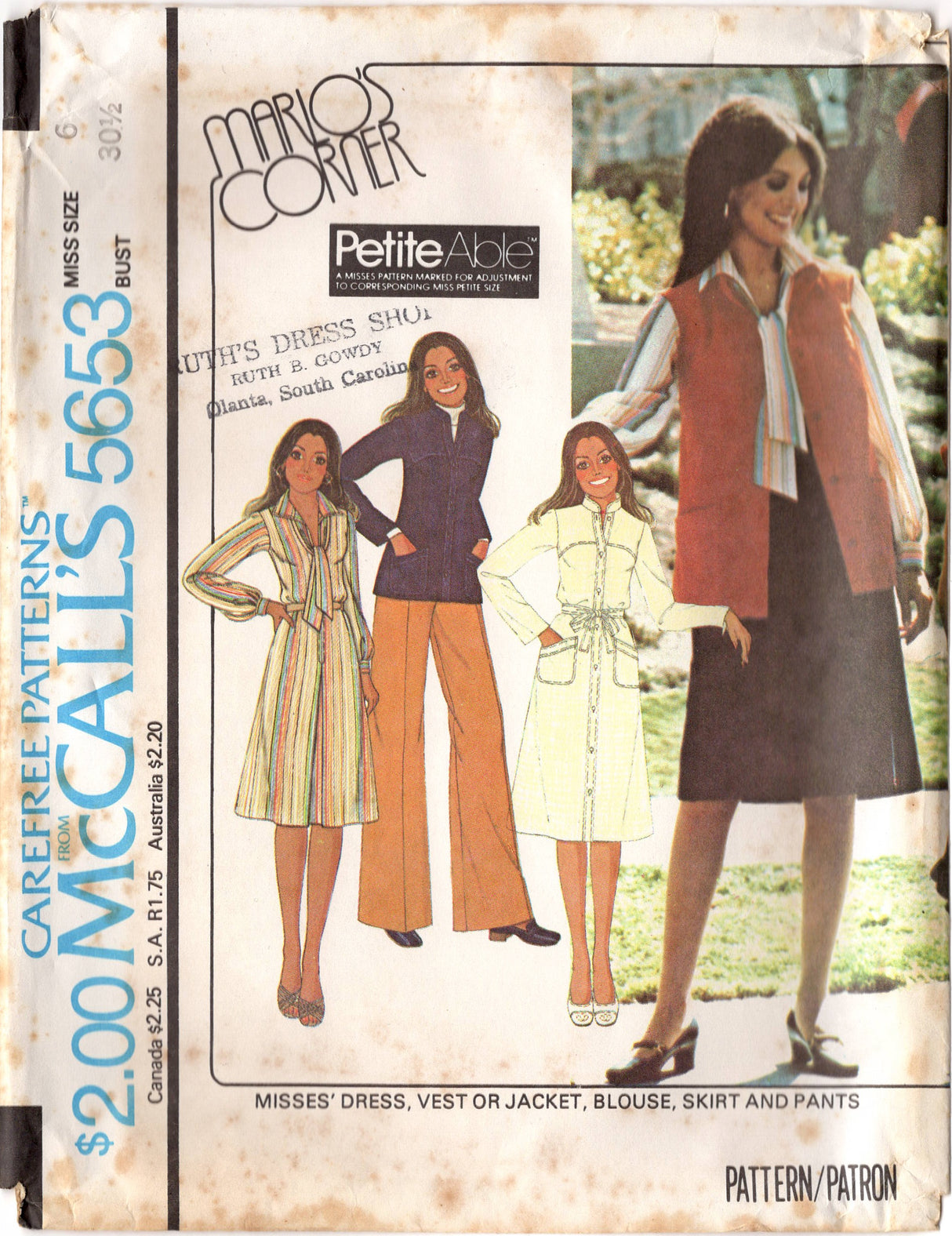 1970's McCall's Marlo's Corner One Piece Dress with Distinct Yoke and Pockets, Vest or Jacket, Blouse, A line Skirt or Pants pattern - Bust 30.5-34" - No. 5653