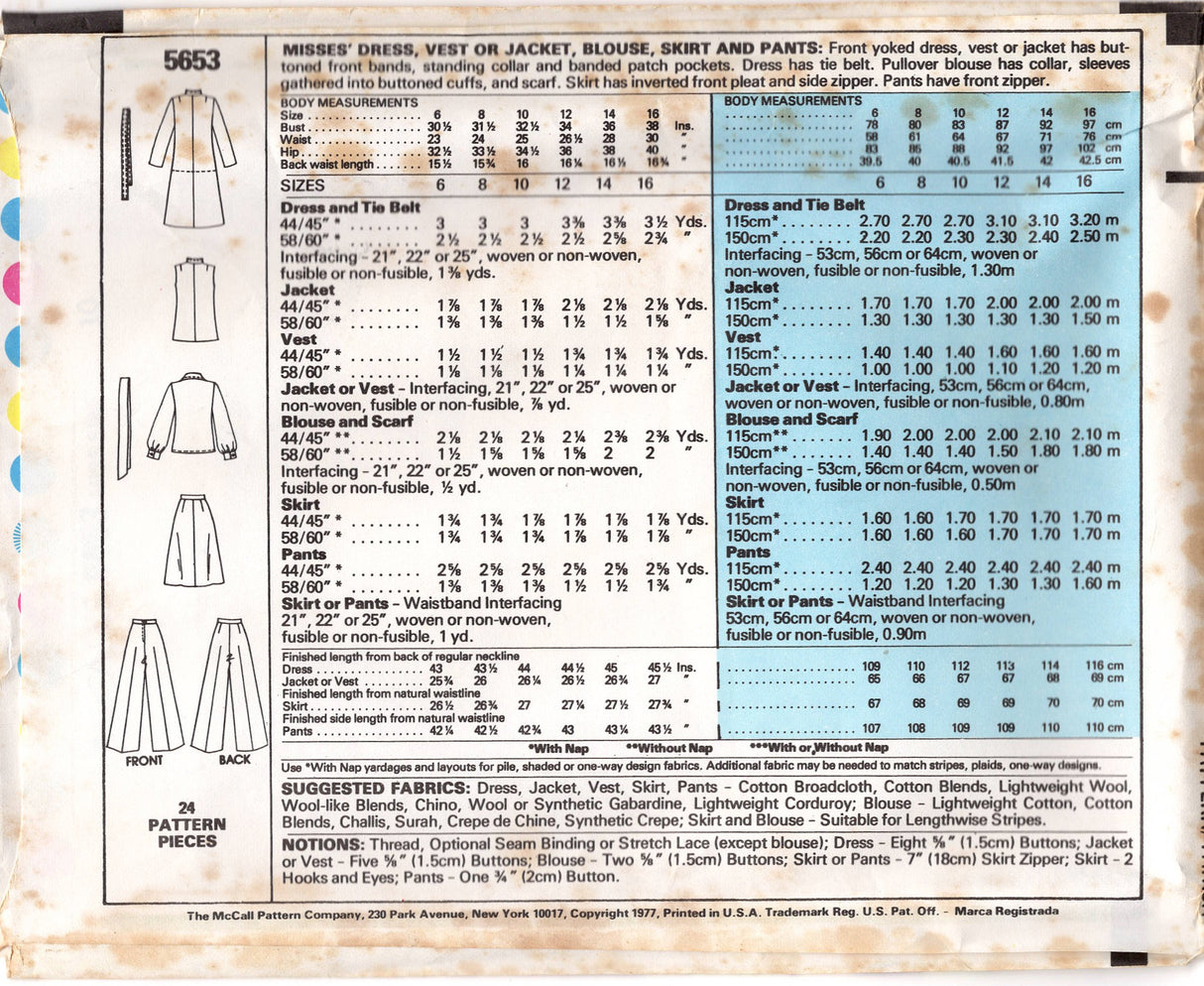 1970's McCall's Marlo's Corner One Piece Dress with Distinct Yoke and Pockets, Vest or Jacket, Blouse, A line Skirt or Pants pattern - Bust 30.5-34" - No. 5653