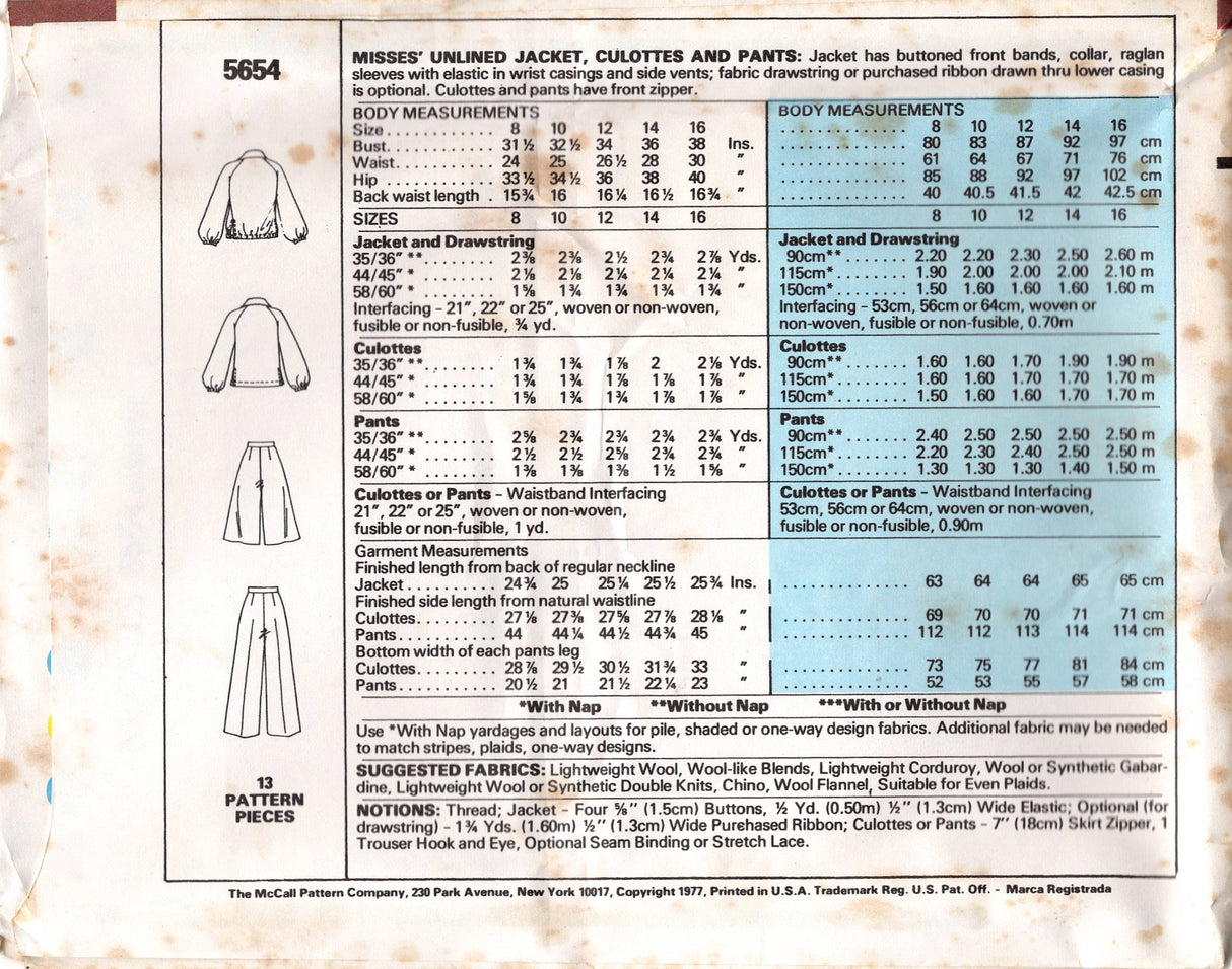 1970's McCall's Unlined Jacket, Culotte or Pants pattern - Bust 31.5-34" - No. 5654