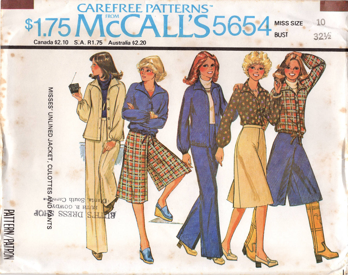 1970's McCall's Unlined Jacket, Culotte or Pants pattern - Bust 31.5-34" - No. 5654