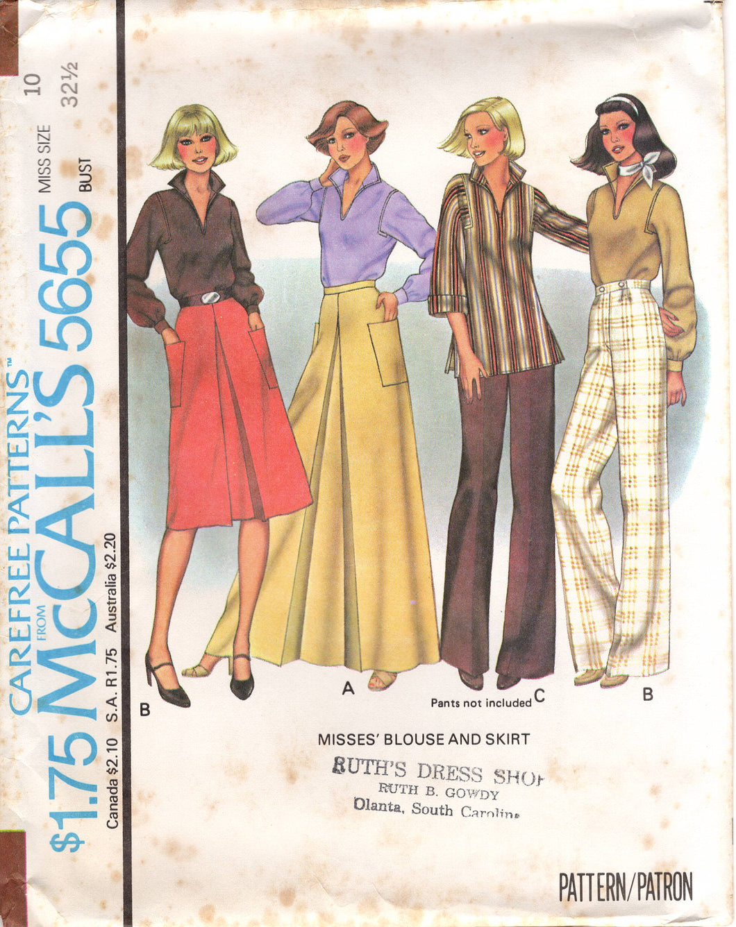 1970's McCall's Pullover Blouse pattern with inset Sleeves and Midi or Maxi Pleated Front Skirt - Bust 32.5-34