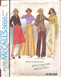 1970's McCall's Pullover Blouse pattern with inset Sleeves and Midi or Maxi Pleated Front Skirt - Bust 32.5-34" - No. 5655