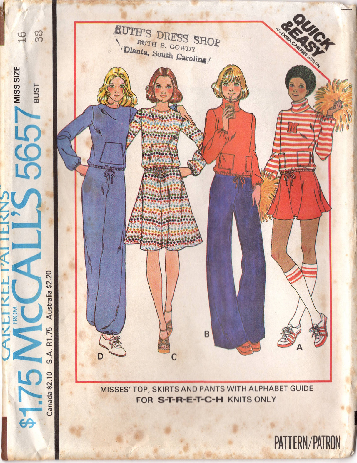 1970's McCall's Top or Turtleneck top with pockets, Flared Skirt or Pants pattern - Bust 31.5-38" - No. 5657