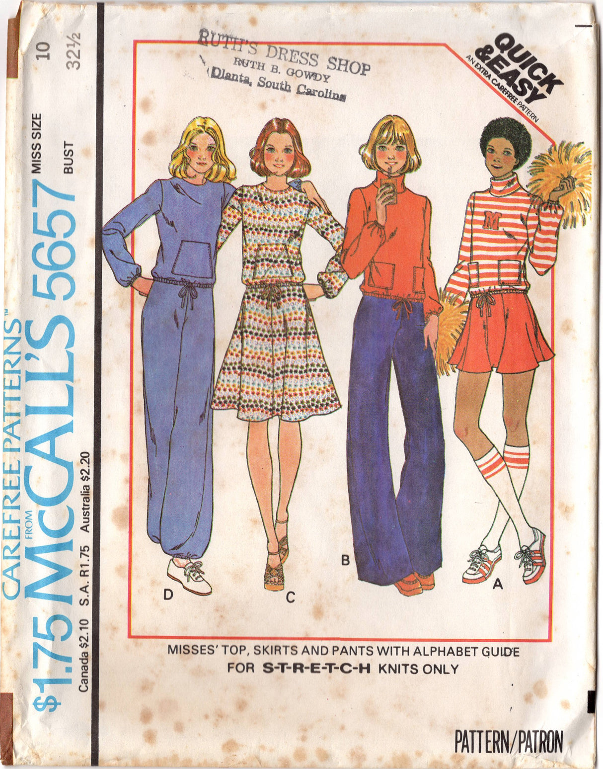 1970's McCall's Top or Turtleneck top with pockets, Flared Skirt or Pants pattern - Bust 31.5-38" - No. 5657